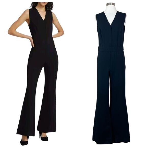 Spanx | Black Perfect Sleeveless V Neck Ponte Flare Leg Slimming Jumpsuit M EUC - Picture 1 of 11